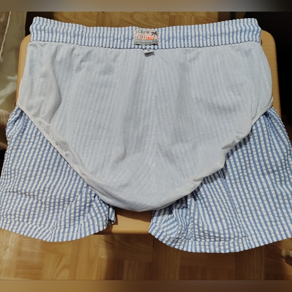 J Crew Swim Trunks Mens Medium Blue White Seersucker Lined 6" Shorts Surf Flex - Picture 5 of 12